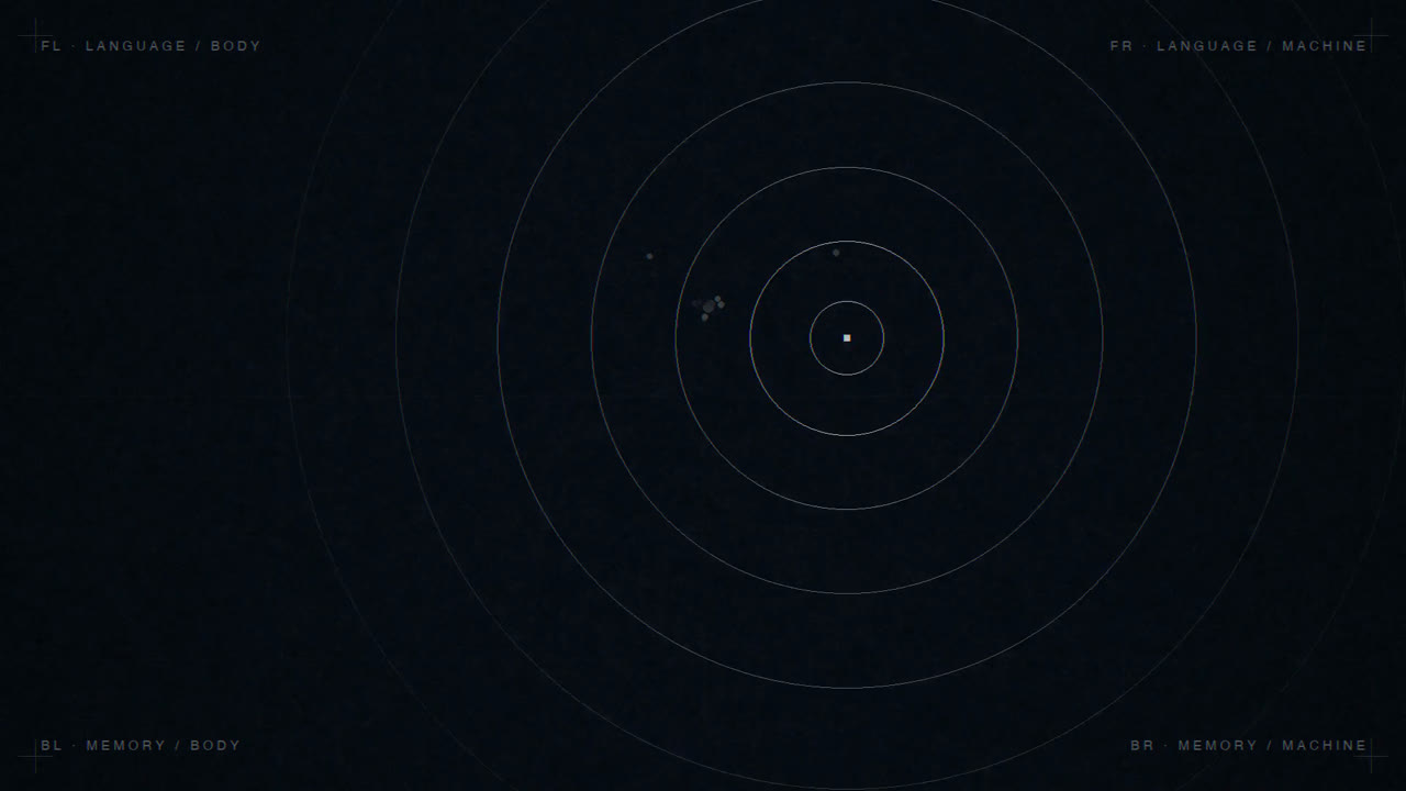 Dark quadraphonic field with orbiting points and corner speaker labels